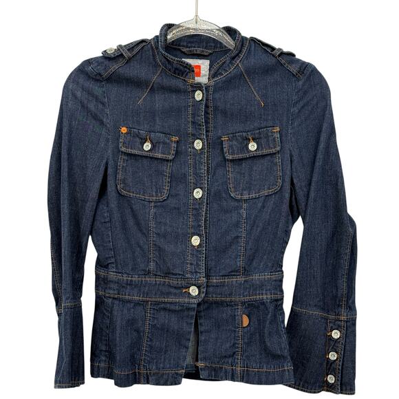 Boss Hugo Boss Denim Jacket Womens SZ 6 Blue Peplum Military Chic Utility Y2K - Picture 1 of 12